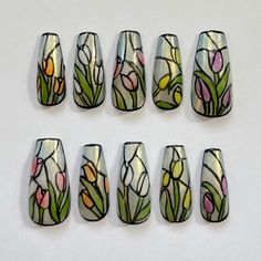 Press on nails handmade with care in Toronto, Canada! These stained glass inspired nails feature colourful spring tulips on a shimmery, semi-opaque base 🌷 🌟 Durable and Reusable  Application kit includes: - 1 cuticle stick - 1 nail buffer - 1 alcohol prep pad - 1 nail glue *Please let me know if you do not require the application kit so that I can reduce waste! 💌 Free international shipping on all orders  Sizing info: - This set include 10 nail tips custom made to your measurements -To find y At Home Manicure, Flowers Nail Art, Home Manicure, Inspired Nails, Glass Nails, Nail Swag, Spring Tulips, Flower Nail Art, Fall Nail Art