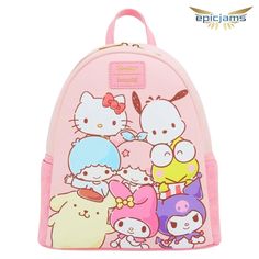 a pink backpack with hello kitty and other cartoon characters on the front, sitting in front of