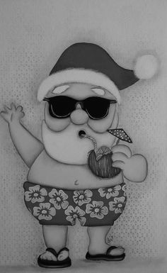 a black and white drawing of a santa clause holding a cup of coffee while wearing sunglasses