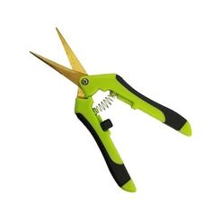 a green pair of scissors with black handles and yellow tips on the handle are open