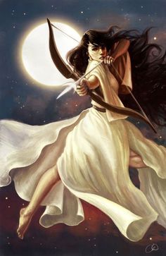 a painting of a woman in white dress holding a bow and arrow with the moon behind her