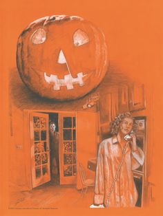 a drawing of a woman talking on the phone next to a pumpkin