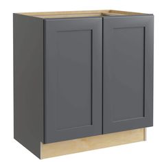 a gray kitchen cabinet with two doors and no drawers on the bottom half, in front of a white background