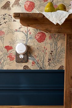 the wall paper has been designed with birds and flowers on it, along with two pears