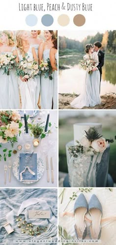 the wedding color scheme is blue, peach and dusty blue