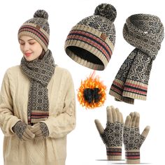 PRICES MAY VARY. 【Warm three-piece suit 】Hat Glove Scarf Set is Superior Acrylic Knit and Thicker Lining Gives Super Soft Skin Touch, Cozy, Skin-Friendly and Warmth. 【Fashion Classic】Knitted Snowflake Pattern design Makes the Set of Beanie Neck Gaiter Gloves Classical and Easy to Match Your Clothing. 【Touch Screen Gloves】Commonly used three fingers The material of the fingers are made of highly sensitive conductive material, and you can use it on touch screen devices with gloves (including but n Gloves For Women, Winter Set, Winter Hats Beanie, Hat Scarf, Touch Screen Gloves, Designer Scarves, Women's Beanie, Amazon Products, Winter Hats For Women