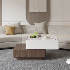 a living room with couches, tables and pillows on the carpeted flooring