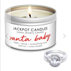 a candle with a ring on it next to an image of a diamond in the middle