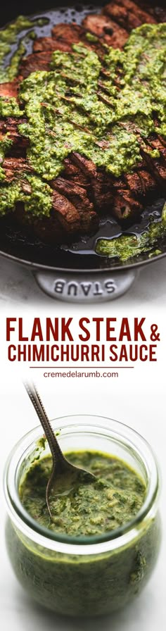 steak steak and chimichurri sauce in a glass bowl