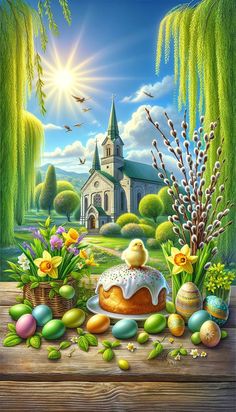 a painting of an easter scene with eggs, flowers and a church in the background