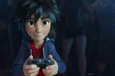 an animated character holding a video game controller in front of other people and looking at the camera