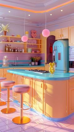 an image of a kitchen setting with pastel colors and stools on the counter