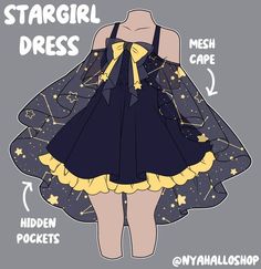 a drawing of a woman wearing a dress with stars on it and the words stargirl dress written below