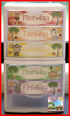 three drawers that have different types of labels on them with the words monday, wednesday and friday