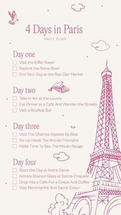 the eiffel tower in paris is shown on this pink and white checklist