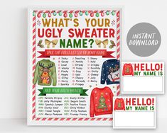 an ugly sweater christmas party game with matching name tags and stickers for kids to play on