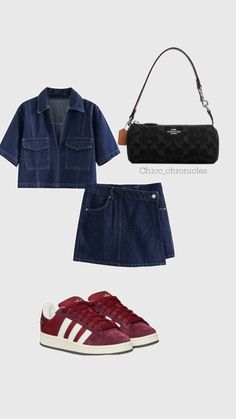 three pieces of clothing including an adidas sneaker, denim jacket and red sneakers