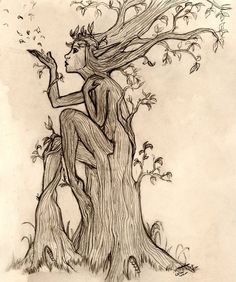 a drawing of a woman sitting on top of a tree