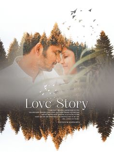 the movie love story features two people kissing in front of trees with birds flying overhead