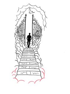 a drawing of a man walking up some stairs