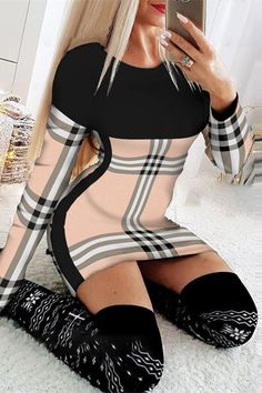 Fashion Casual Plaid Print Split Joint O Neck Long Sleeve Dresses Chic Type, Long Sleeve Dresses, Printed Bodycon Dress, Sleeve Bodycon Dress, Khaki Dress, Patchwork Dress, Hip Dress, Sleeve Dresses, Long Sleeve Bodycon