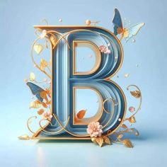 the letter b is surrounded by butterflies and flowers