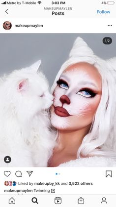 White Wolf Makeup, White Cat Costume Women, White Cat Makeup, Halloween Makeup Animals, Cat Inspired Makeup, Snow Leopard Halloween Costume, White Tiger Makeup, White Cat Costume, Animal Print Halloween Makeup