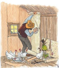 a drawing of a man standing on top of a floor next to chickens and holding something in his hand