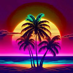 the sun is setting behind two palm trees