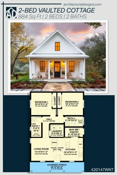 the floor plan for a two - bedroom cottage with an attached porch and covered patio