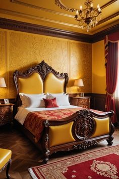 a bedroom with yellow walls and red carpeted flooring, an ornate bed in the center