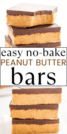 no bake peanut butter bars stacked on top of each other with text overlay