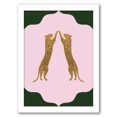 two cheetah standing in front of a pink circle with green and pink background