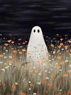 Spring Ghost, Itachi Wallpaper, Storybook Illustration, Halloween Canvas Art, Sheet Ghost, A Field Of Flowers, Halloween Artwork, Field Of Flowers, Edit Music