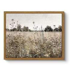 a painting of flowers in a field with trees in the backgrounnd and sky in the background