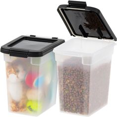 two plastic storage containers with lids on each side and one containing food in the other