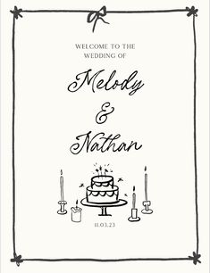 a wedding card with a cake and candles on the front, in black ink that reads welcome to the wedding of melody and nathan