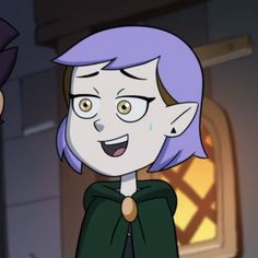 an animated image of two people with purple hair and green clothes, one is looking at the