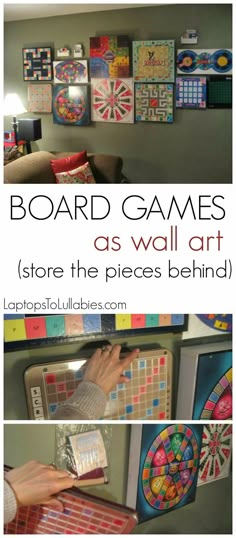 three different pictures with the words board games as wall art, store the pieces behind