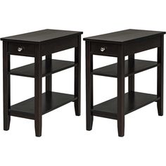 two black end tables with one shelf on each side and the other in between them