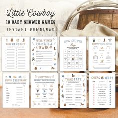 the baby shower games are set up in front of a basket with cowboy items on it