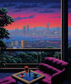 a living room filled with furniture and a view of the city at sunset or dawn