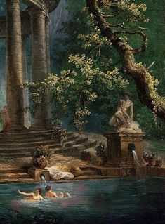 a painting of people swimming in a pool next to some trees and stairs with columns on either side