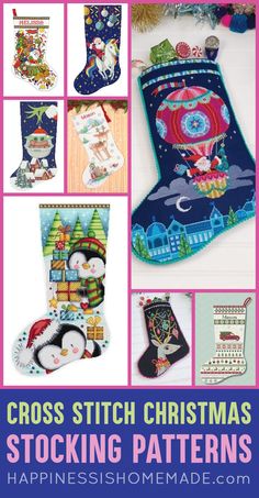 cross stitch christmas stockings and stocking patterns with text overlay that says cross stitch christmas stockings