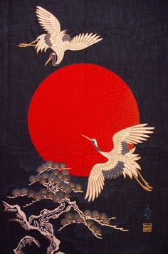 Arte japonesa com o tema do Grou-da-coroa-vermelha. Kunst Tattoos, Japanese Flag, Japanese Crane, Art Chinois, Japanese Artwork, Traditional Japanese Art, Japon Illustration, Japanese Tattoo Art, Red Sun