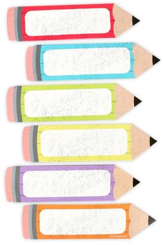 colored pencils lined up in a row on top of each other, with the words written