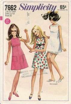 "1960s Simplicity 7662 Vintage Sewing Pattern - Young Junior/Teens Dress in Two Lengths and Shorts: The sleeveless A-line dress with empire waistline has \"cut-away\" armholes, slightly lowered round neckline and back zipper. V. 1 has \"stand-up\" collar, top-stitching and patch pockets. V. 1 & 2 are regular-length. Collarless V. 2 has braid trim. Collarless above knee-length V. 3 with daisy medallion trim has matching shorts with elastic waistline casing. Size: 11/12 Bust: 32 Waist: 25 Hip: 60s Dress Pattern Free, Late 60s Fashion Women, Authentic 60s Fashion, 1960's Outfits, Twiggy 60s Fashion, Youthquake 60s, 1960s Teen Fashion, 1960s Dress Pattern, 1960s Fashion Teenagers