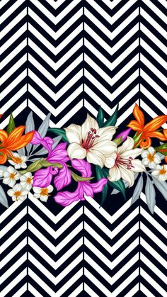 an image of flowers on a black and white chevron background