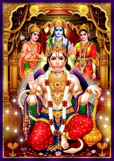 the hindu god sitting in front of two other deities, one with his hands on his chest