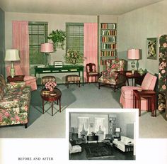 an old photo of a living room with pink furniture and flowers on the curtains,